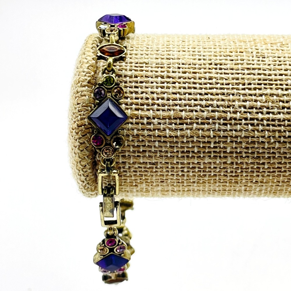 Gold Tone Link Bracelet Blue Purple AB Rhinestone Multicolor Vintage